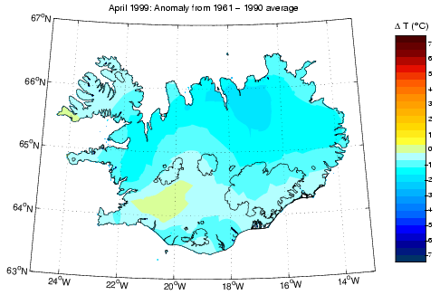 Frávik frá meðalhita í apríl 1999 