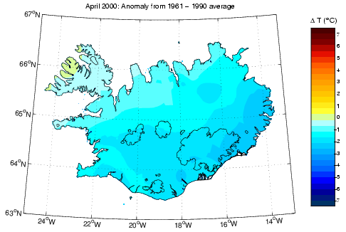 Frávik frá meðalhita í apríl 2000 