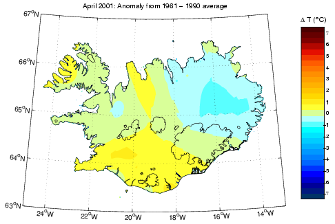 Frávik frá meðalhita í apríl 2001 