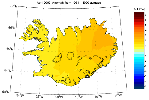 Frávik frá meðalhita í apríl 2002 