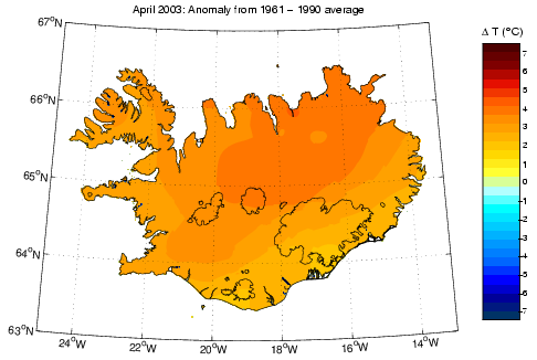 Frávik frá meðalhita í apríl 2003 