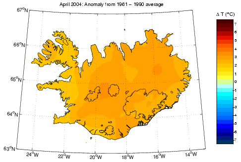 Frávik frá meðalhita í apríl 2004 