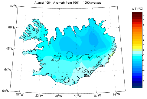 Frávik frá meðalhita í apríl 1964 