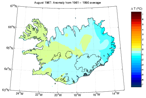 Frávik frá meðalhita í apríl 1967 