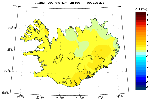 Frávik frá meðalhita í apríl 1990 