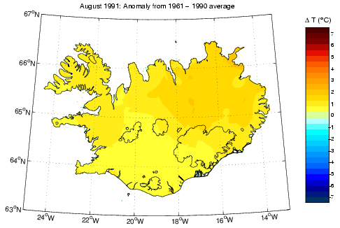 Frávik frá meðalhita í apríl 1991 