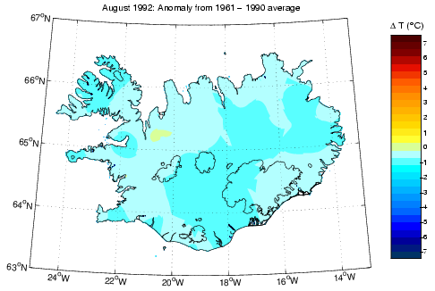 Frávik frá meðalhita í apríl 1992 