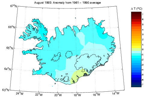 Frávik frá meðalhita í apríl 1993 