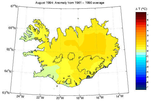 Frávik frá meðalhita í apríl 1994 