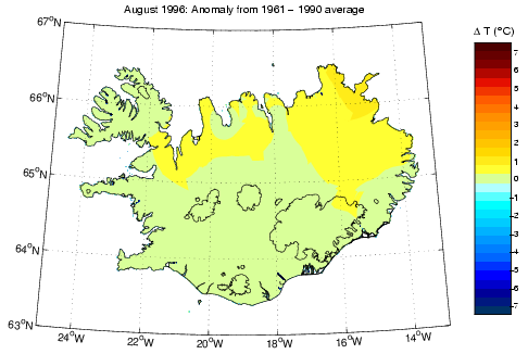 Frávik frá meðalhita í apríl 1996 