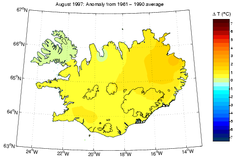 Frávik frá meðalhita í apríl 1997 