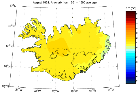 Frávik frá meðalhita í apríl 1998 