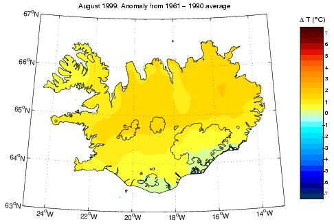 Frávik frá meðalhita í apríl 1999 