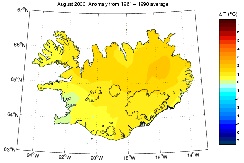 Frávik frá meðalhita í apríl 2000 