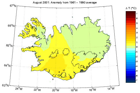 Frávik frá meðalhita í apríl 2001 