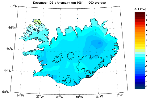 Frávik frá meðalhita í desember 1961 