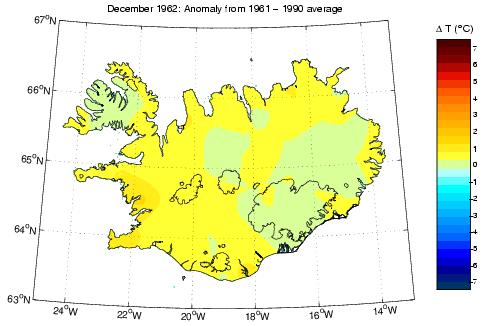 Frávik frá meðalhita í desember 1962 