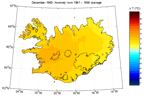 Frávik frá meðalhita í desember 1963 