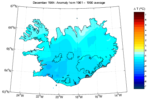 Frávik frá meðalhita í desember 1964 