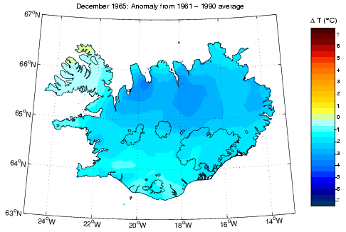 Frávik frá meðalhita í desember 1965 