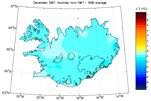 Frávik frá meðalhita í desember 1967 