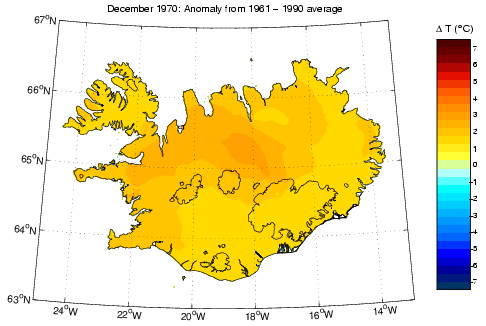 Frávik frá meðalhita í desember 1970 