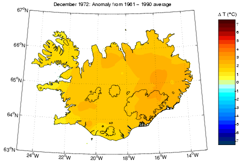 Frávik frá meðalhita í desember 1972 