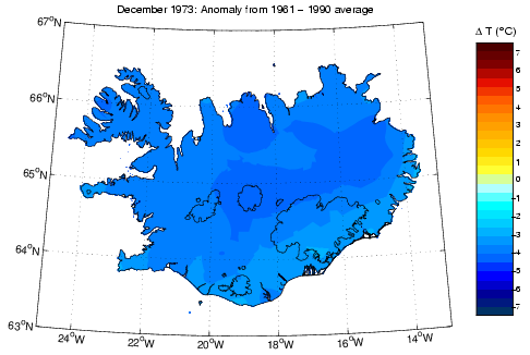 Frávik frá meðalhita í desember 1973 