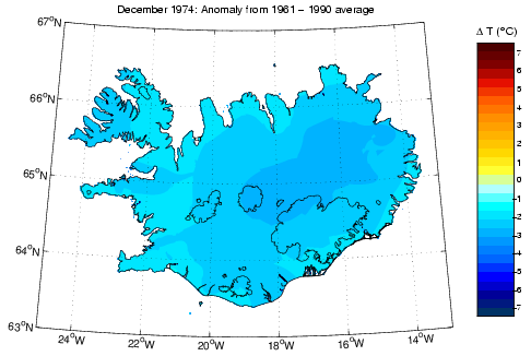 Frávik frá meðalhita í desember 1974 