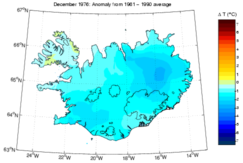 Frávik frá meðalhita í desember 1976 