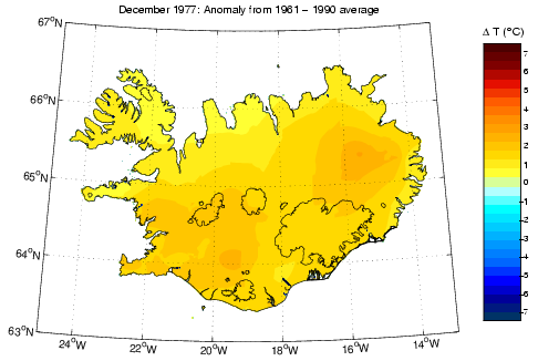 Frávik frá meðalhita í desember 1977 