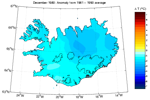 Frávik frá meðalhita í desember 1980 