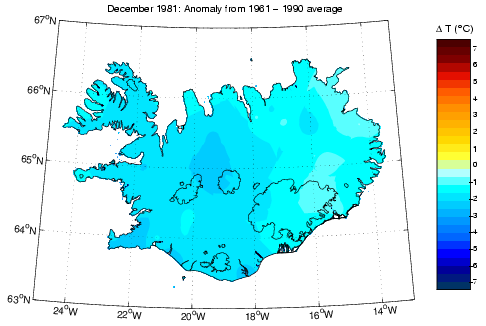 Frávik frá meðalhita í desember 1981 