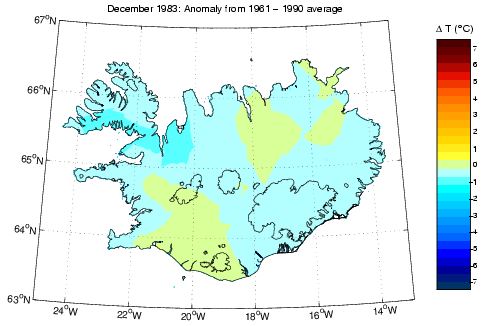 Frávik frá meðalhita í desember 1983 