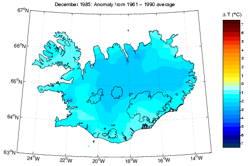 Frávik frá meðalhita í desember 1985 