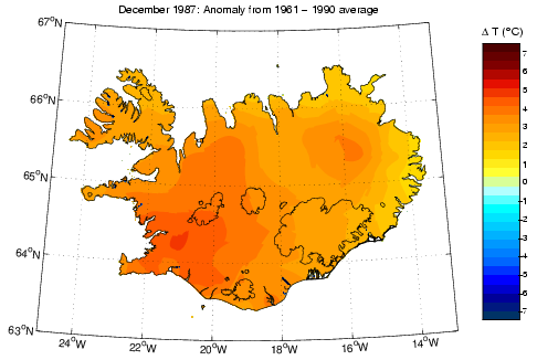 Frávik frá meðalhita í desember 1987 