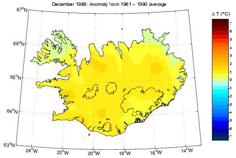 Frávik frá meðalhita í desember 1988 