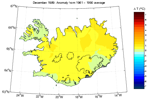 Frávik frá meðalhita í desember 1989 