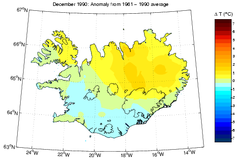 Frávik frá meðalhita í desember 1990 