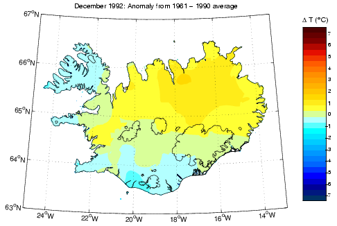 Frávik frá meðalhita í desember 1992 