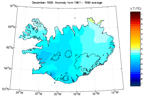 Frávik frá meðalhita í desember 1993 