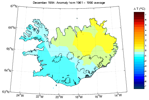 Frávik frá meðalhita í desember 1994 