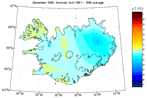 Frávik frá meðalhita í desember 1995 