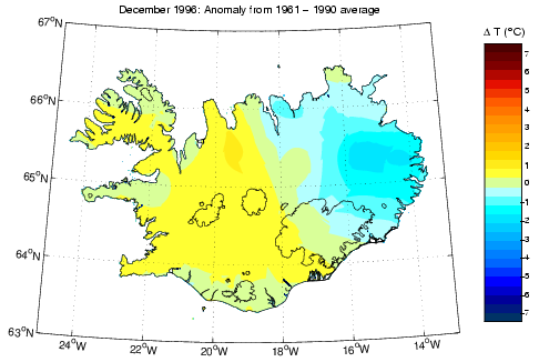 Frávik frá meðalhita í desember 1996 