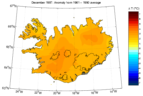 Frávik frá meðalhita í desember 1997 