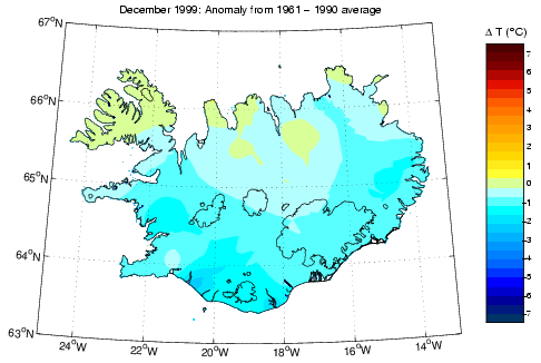 Frávik frá meðalhita í desember 1999 