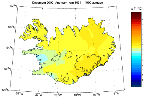 Frávik frá meðalhita í desember 2000 