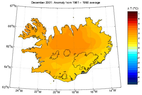 Frávik frá meðalhita í desember 2001 