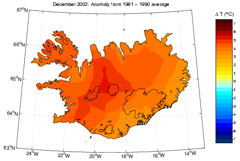 Frávik frá meðalhita í desember 2002 