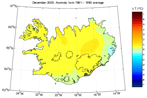 Frávik frá meðalhita í desember 2003 